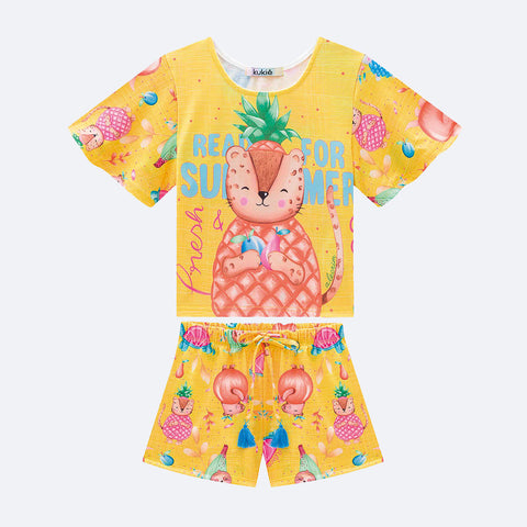 Conjunto Infantil Kukiê Frutas e Bichinhos Amarelo - frente do conjunto kukie