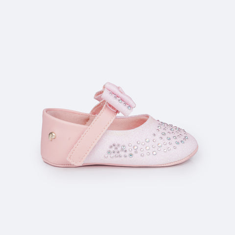 Sapato de Bebê Pampili Nina Degradê Glitter e Strass Rosa Glacê - lateral do sapatinho com velcro