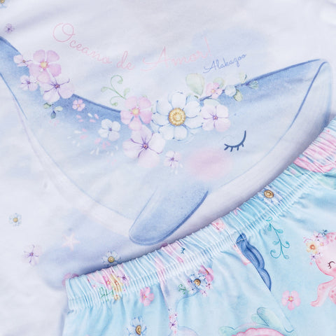 Pijama de Bebê Alakazoo Oceano Branco e Azul - estampa do pijama de baleia