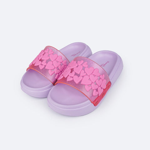 Chinelo Slide Infantil Pampili Fly Glee Corações Rosa e Lilás - chinelo nuvem infantil