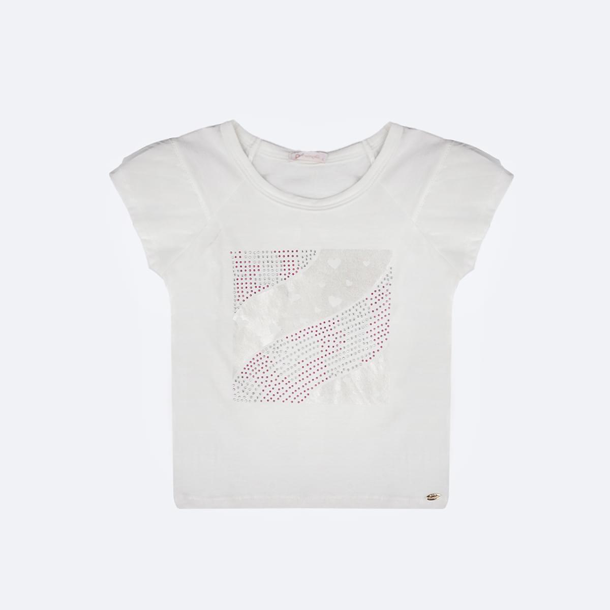 Camiseta Infantil Pampili Corações e Strass Coloridos Off White - frente da camiseta com estampa sublimada e strass