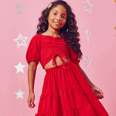 Conjunto Infantil Kukiê Saia Midi Vermelho Mundo da Menina by