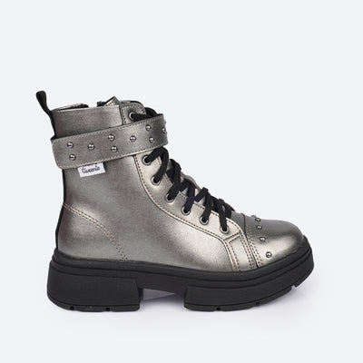 Bota Coturno Feminina Tweenie Store Tachas Rocky Grafite - lateral da bota para menina