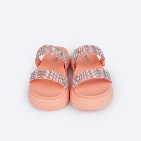 Sandália Infantil Pampili Anny Birken Tratorada com Strass Coral Fresh - chinelo infantil