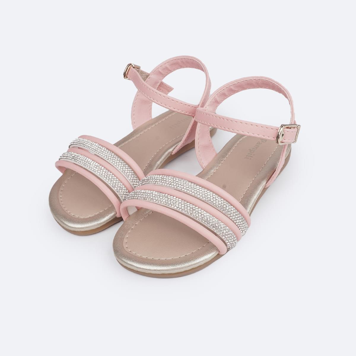 Sandália Infantil Primeiros Passos Pampili Mili Tiras e Strass Rosa Glacê - frente da sandália com tiras e strass