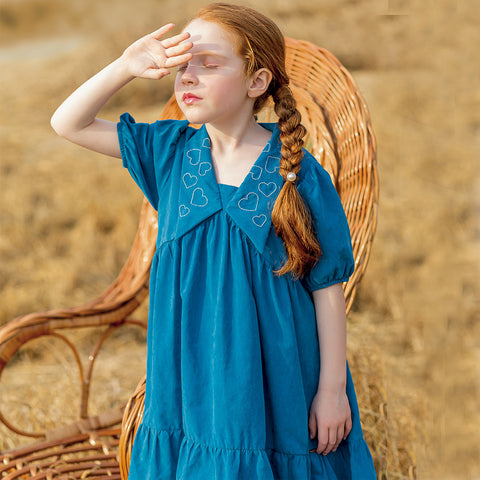 Vestido Infantil Bambollina Bordado Coração Azul - vestido manga curta