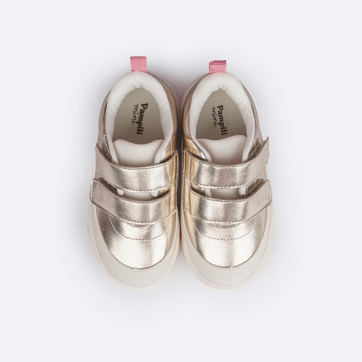 Tênis Infantil Feminino Pampili Yumi Velcro Duplo Dourado - superior do tênis dourado