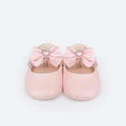 Sapato de Bebê Pampili Nina Laço Coração de Strass Rosa Glacê - frente do sapato com laço e coração de strass