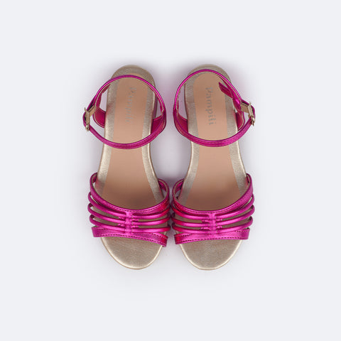 Sandália Infantil com Salto Pampili Fancy Tiras Pink Metalizada - superior da sandália metalizada pink