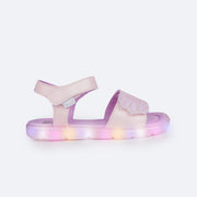 Sandália de Led Infantil Pampili Lulli Conchas Rosa e Lilás - lateral da sandália de velcro calce fácil