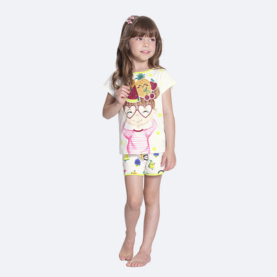 Pijama Infantil Alakazoo Brilha no Escuro Frutas Branco e Lima - pijama na menina