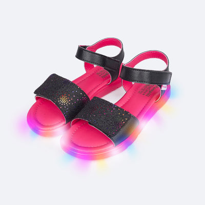 Sandália de Led Infantil Pampili Lulli Glitter e Pontos Coloridos Preta - frente da sanadália de velcro