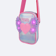 Bolsa Infantil Pampili Fly Led Prata e Rosa Neon Luz - bolsa de asas com led