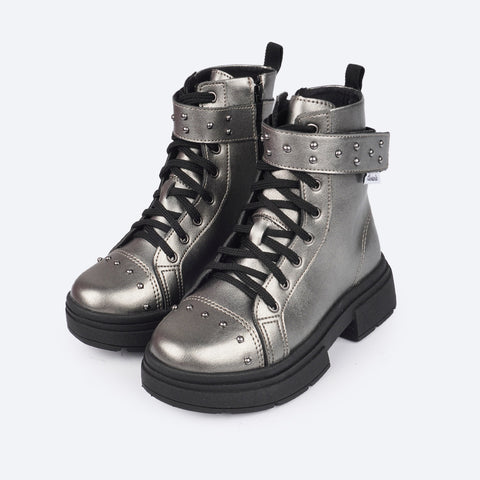 Bota Coturno Feminina Tweenie Store Tachas Rocky Grafite - frente do coturno infantil