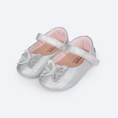 Sapato de Bebê Pampili Nina Borboleta Glitter e Strass Prata - frente do sapato 