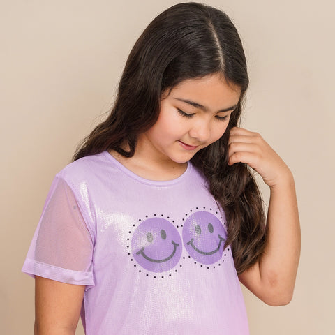 Vestido Infantil Pampili Tela Carinha Divertida Holográfico Lilás