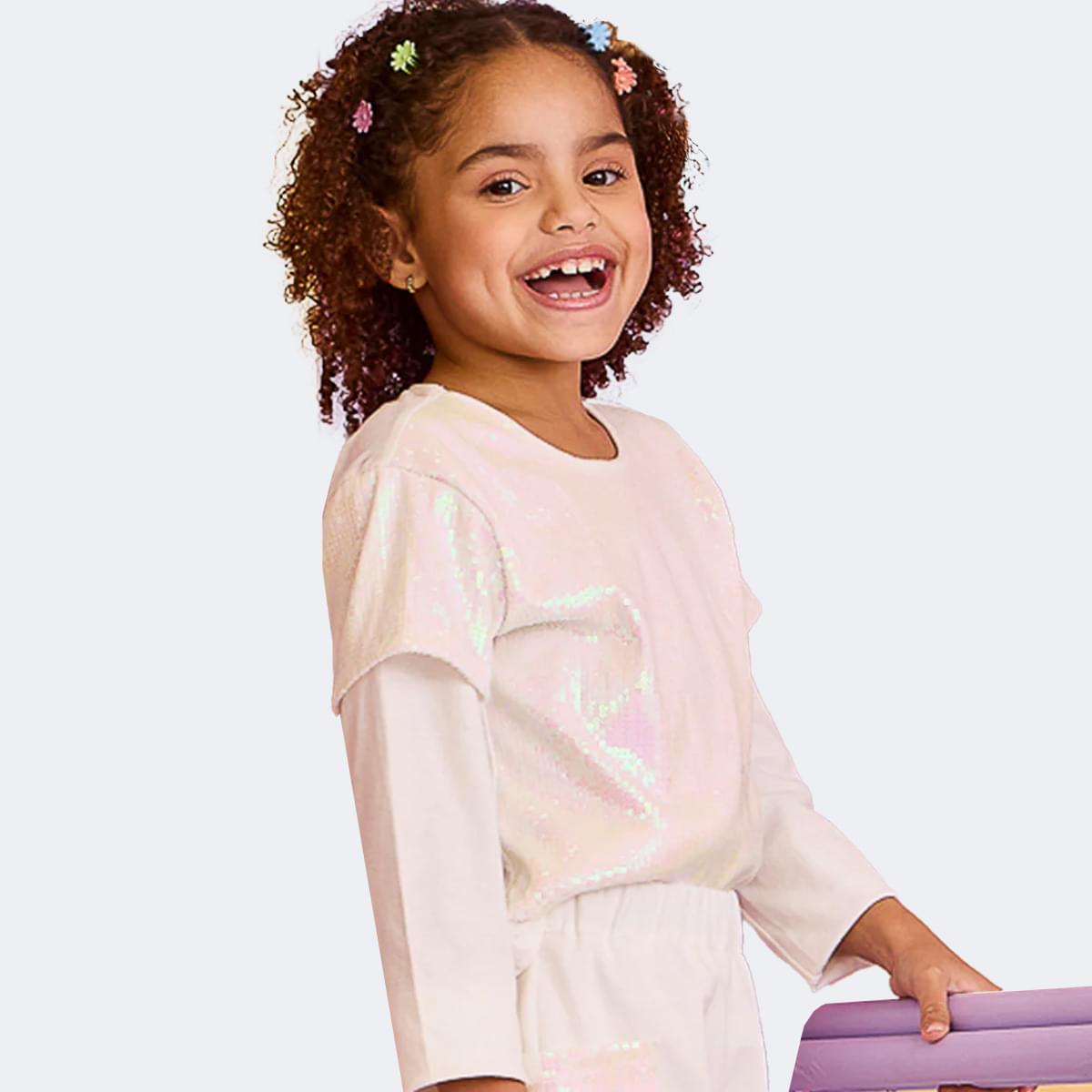 Blusa Manga Longa Infantil Paetê Furta-Cor Off White
