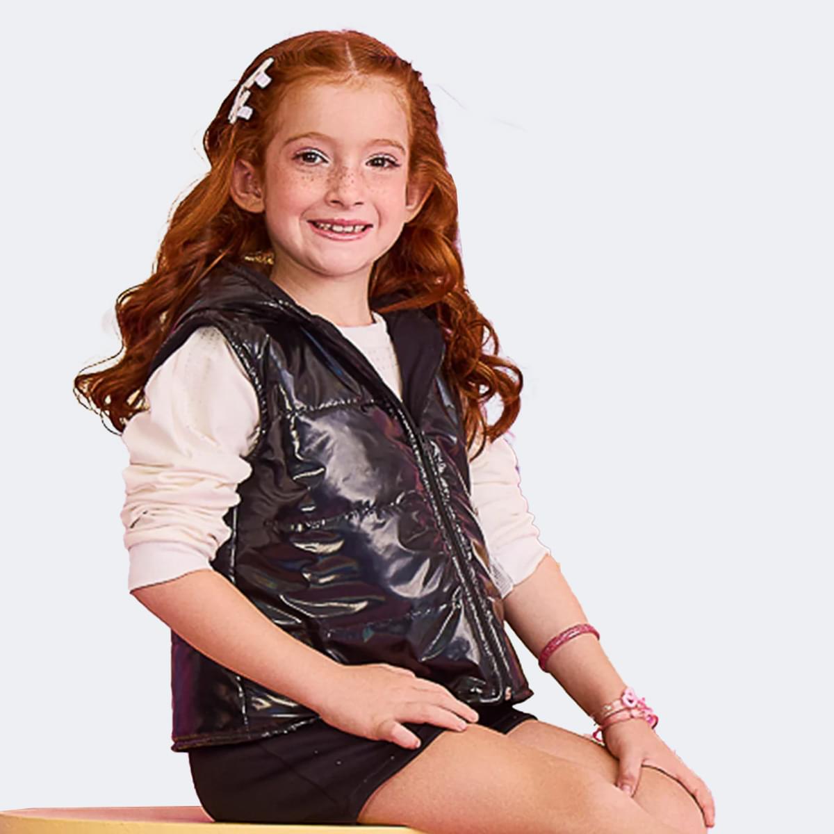Colete Infantil Feminino Bomber Verniz Preto