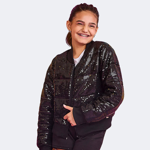 Jaqueta Infantil Feminina Bomber Paetê Preta