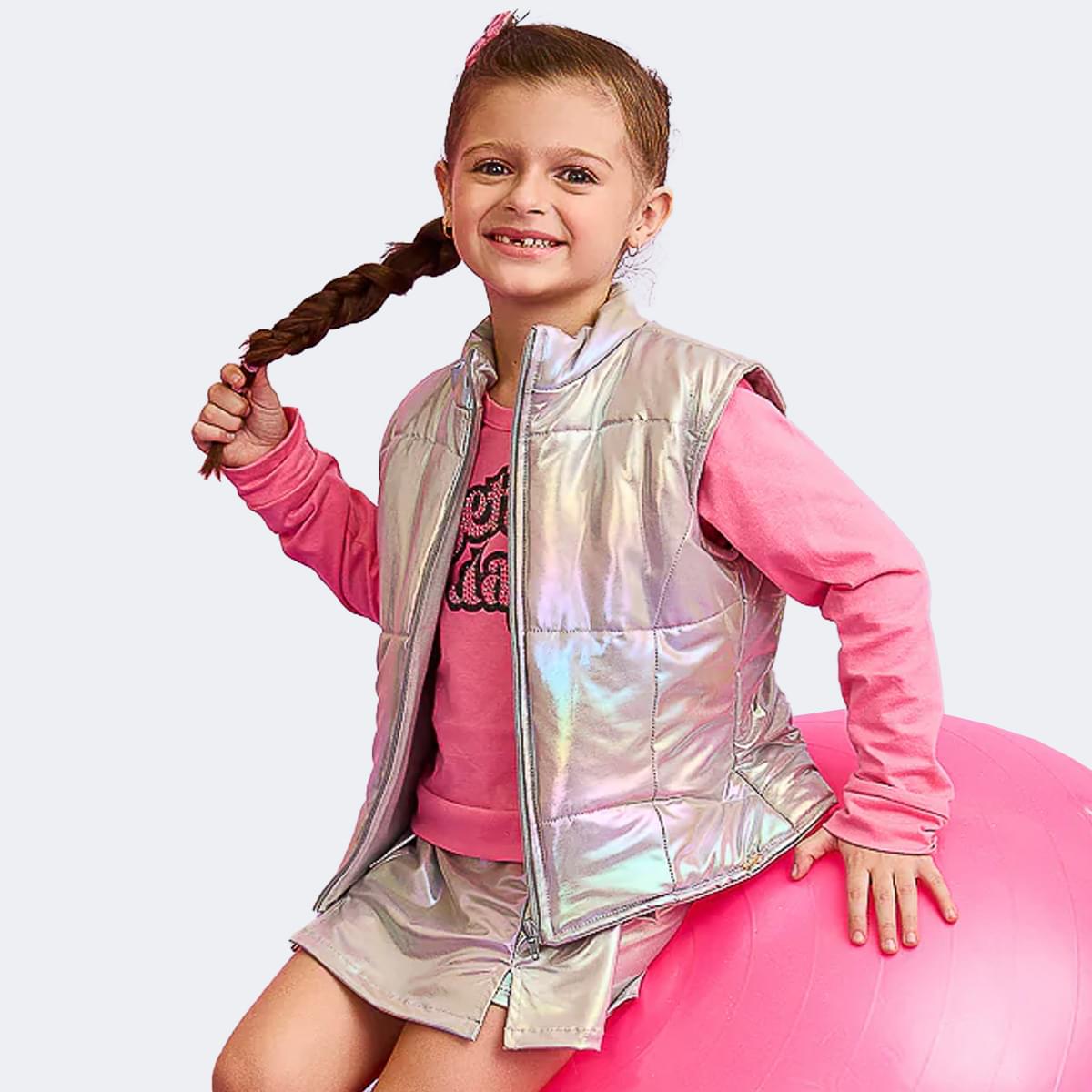 Colete Infantil Feminino Puffer Prata Holográfico