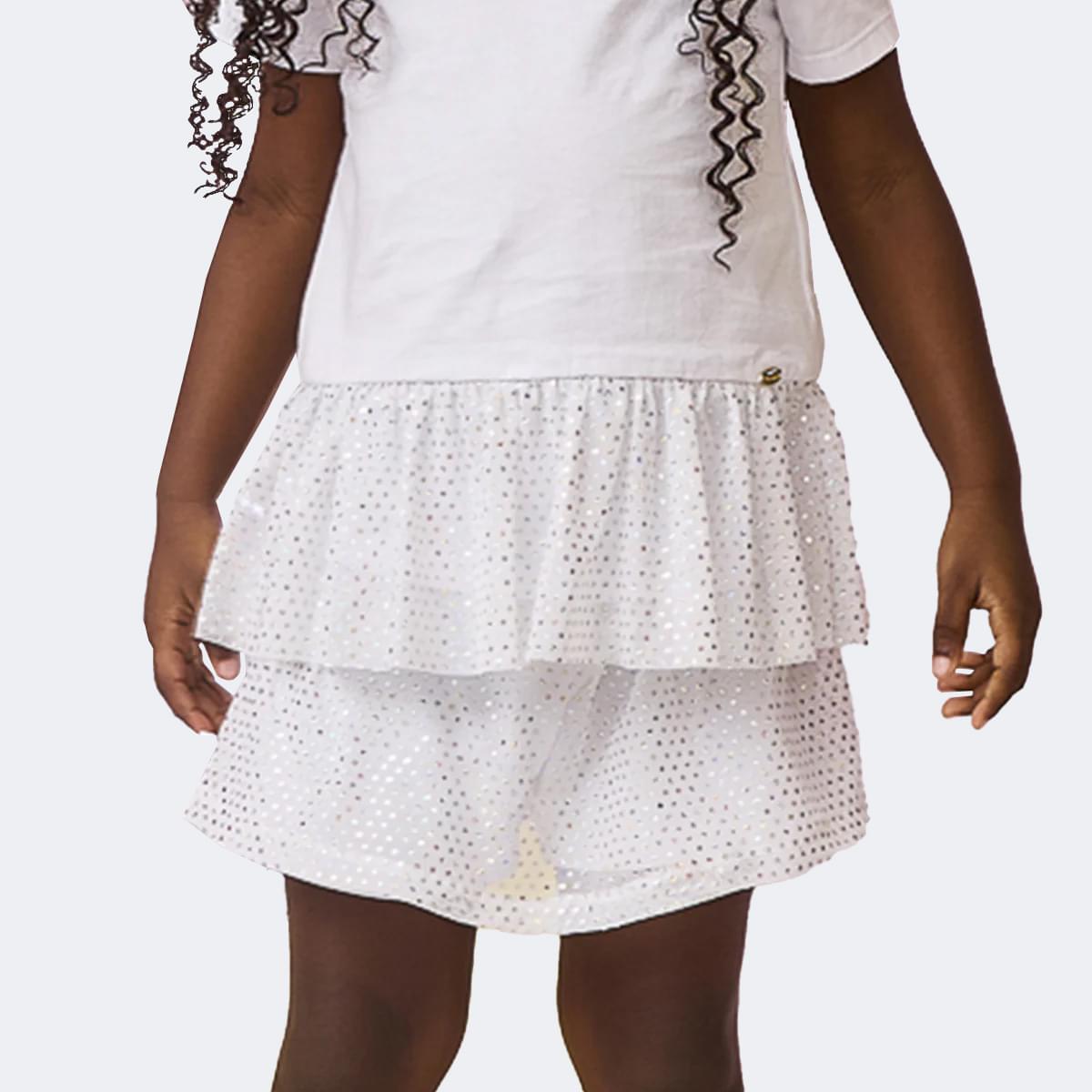 Short Saia Infantil Feminino Poá Holografico Branca