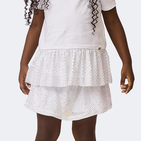 Short Saia Infantil Feminino Poá Holografico Branca