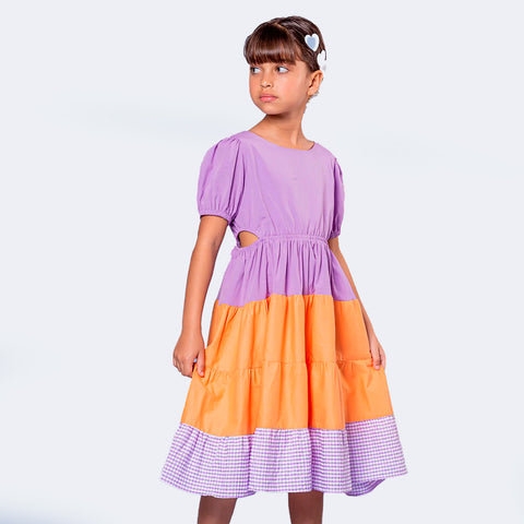 Vestido Infantil Bambollina Três Marias e Manga Bufante Laranja e Roxo