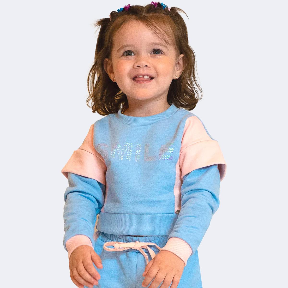 Blusa Infantil Pampili Moletom Paetê Smile Azul e Rosa
