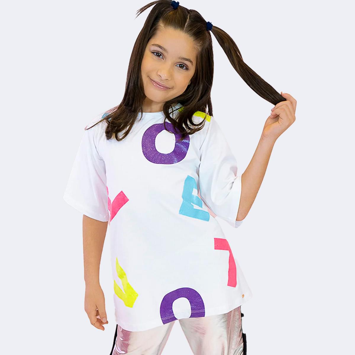 Camiseta Infantil Pampili Longa Love Glitter Branca e Colorida