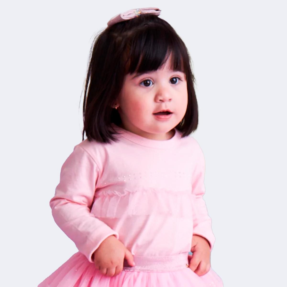 Camiseta Manga Longa Infantil Pampili Babado Tule e Strass Rosa