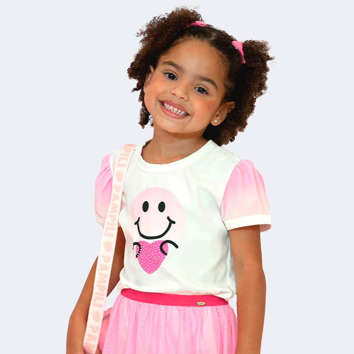 Camiseta Infantil Pampili Carinha Divertida Strass Off White e Rosa