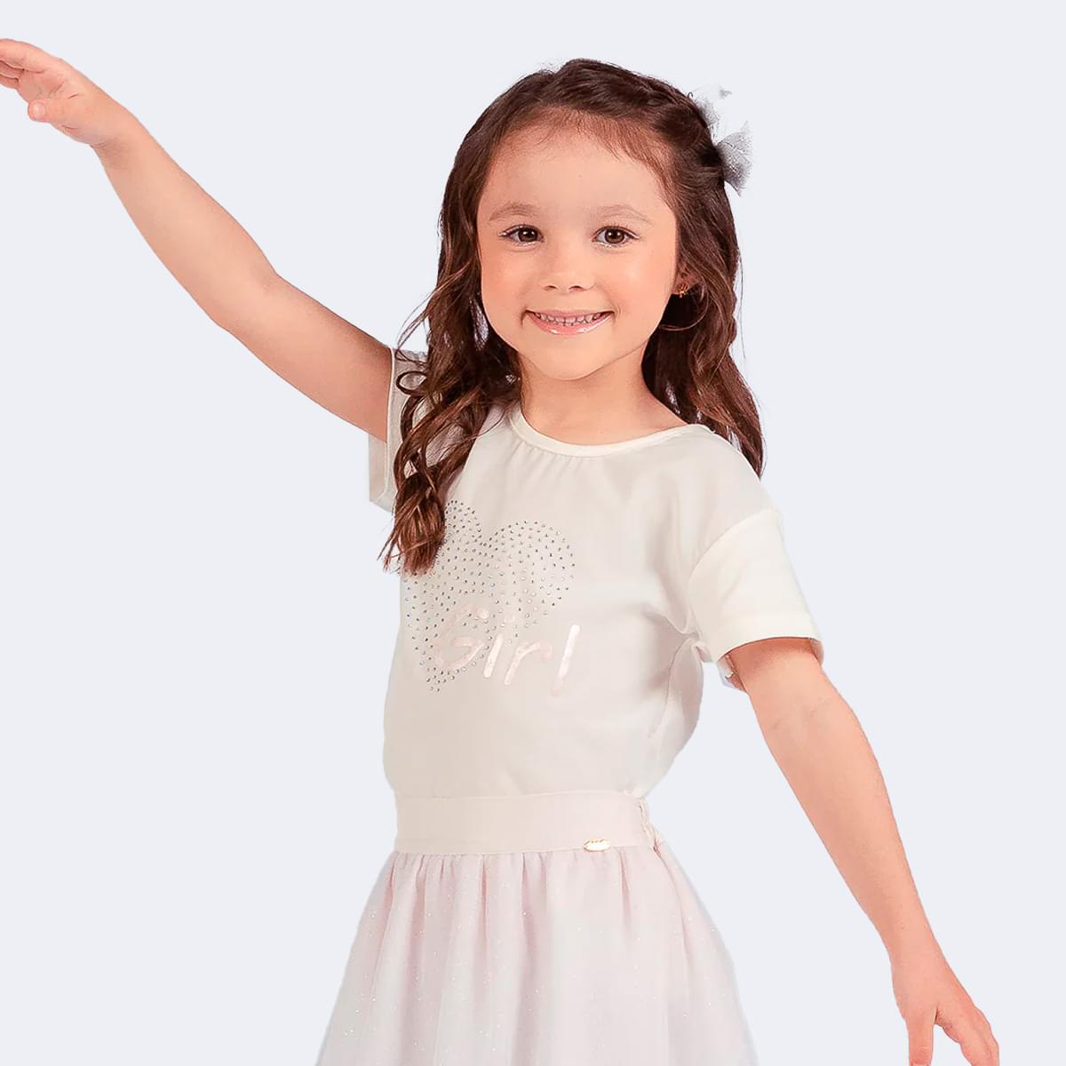 Camiseta Infantil Pampili Girl Coração Strass Off White