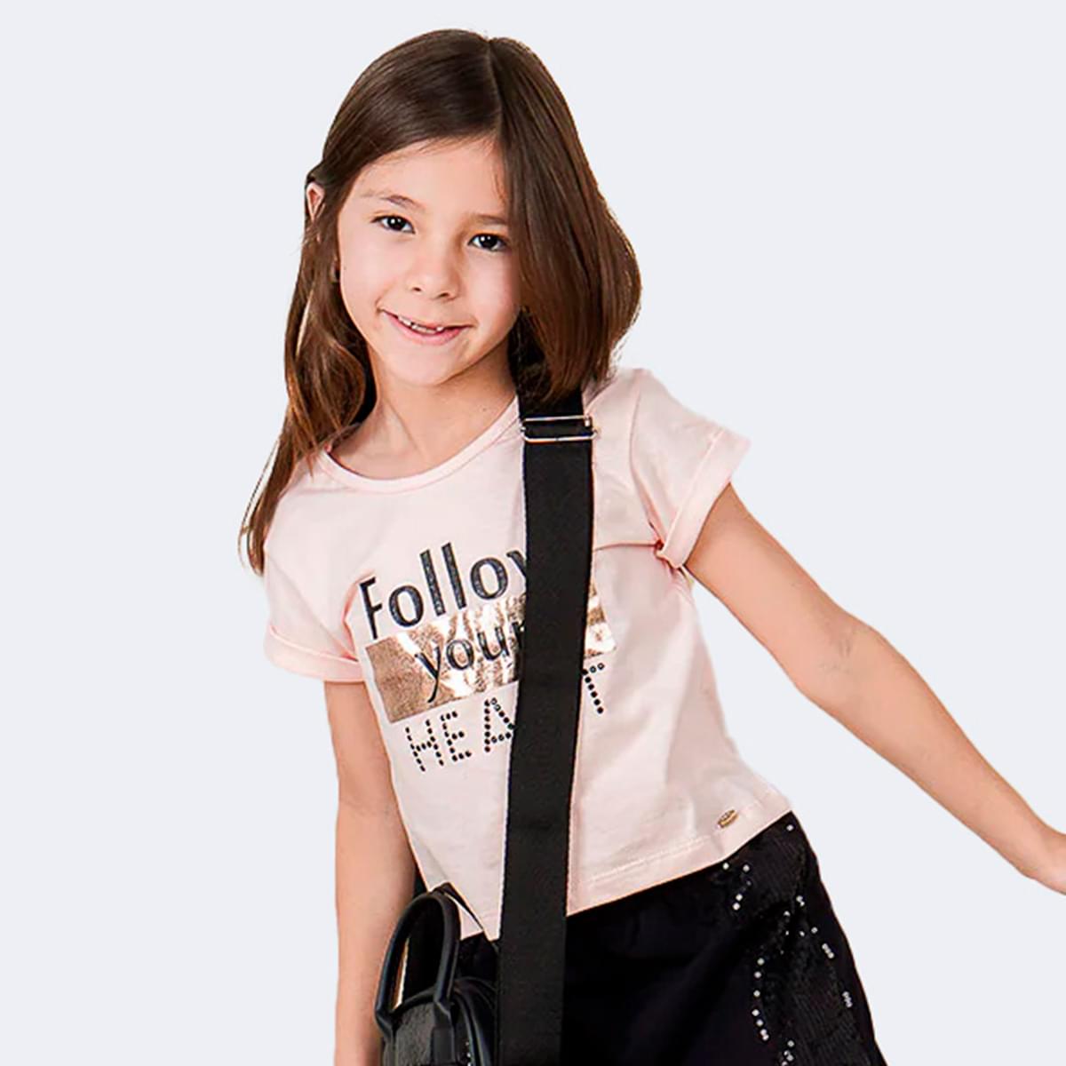 Camiseta Infantil Pampili Your Heart Metalizada Rosa Novo