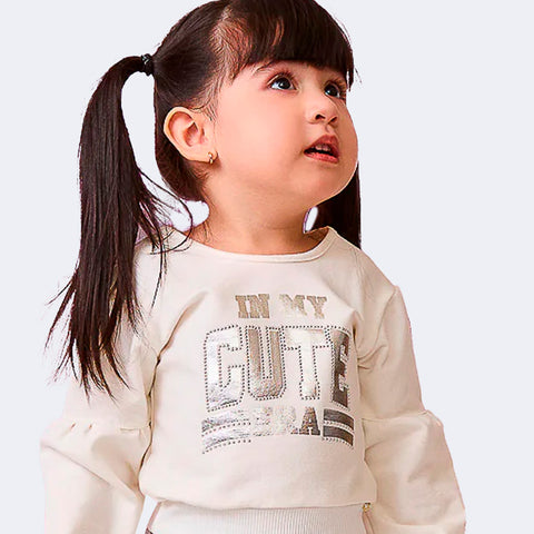 Blusa Manga Longa Infantil Feminina Cute Off White