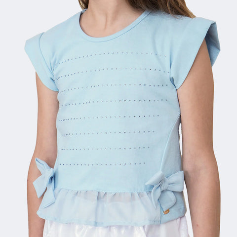 Camiseta Infantil Pampili com Laços e Brilho Azul Claro