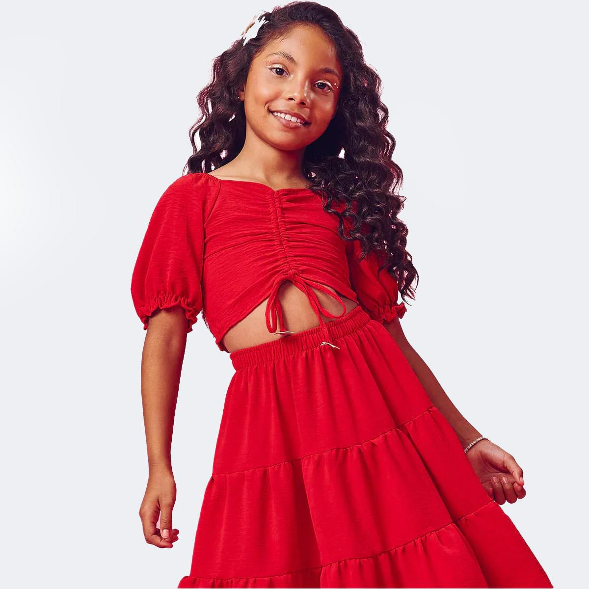Conjunto Infantil Kukiê Saia Midi Vermelho