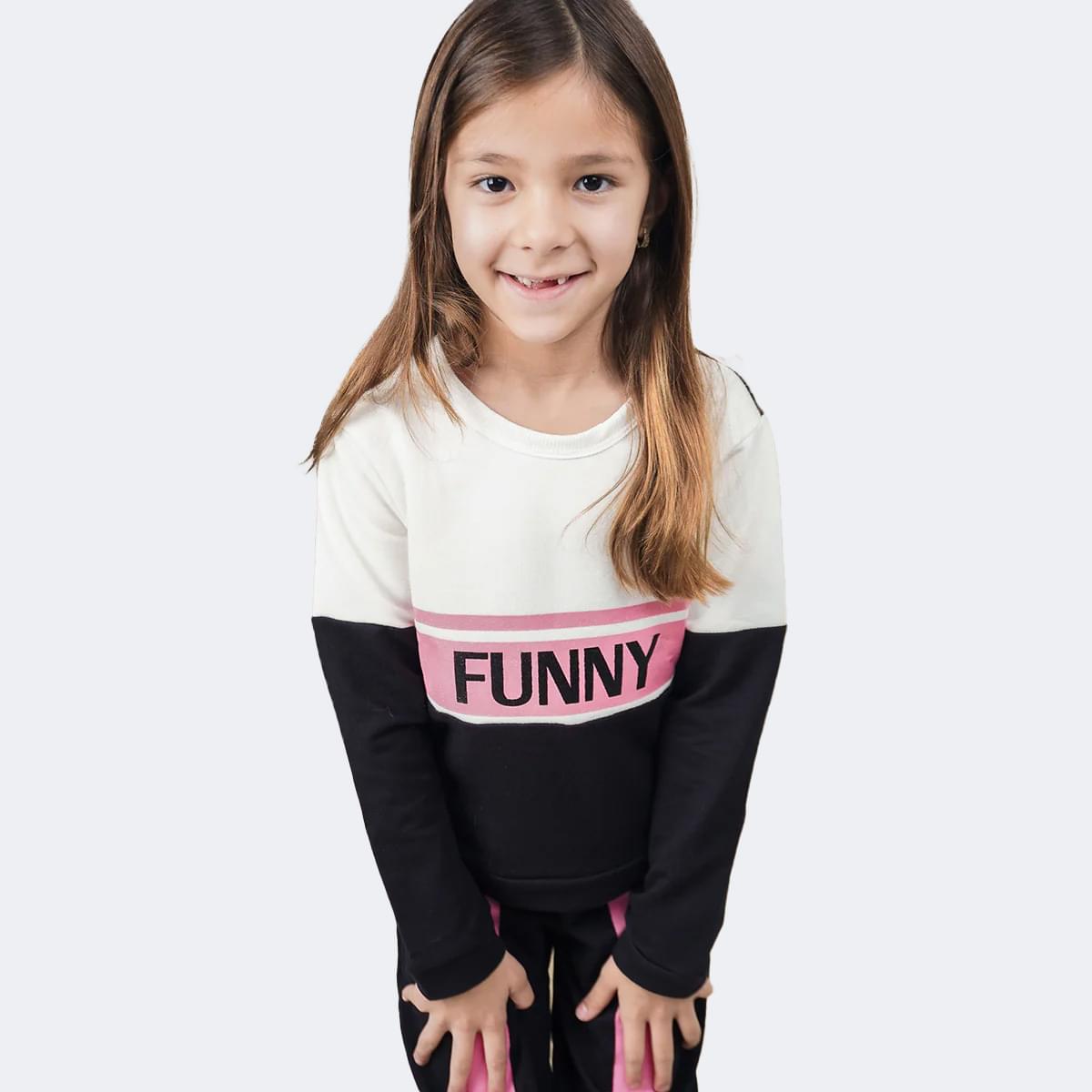 Blusa Infantil Pampili Moletom Funny Off White e Preta