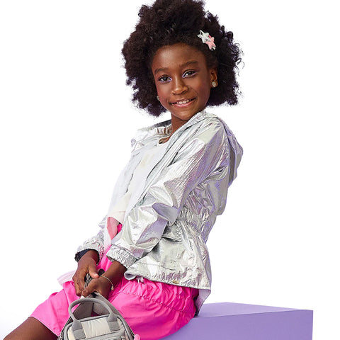 Blusa Corta-Vento Infantil Prata com Capuz Metalizada