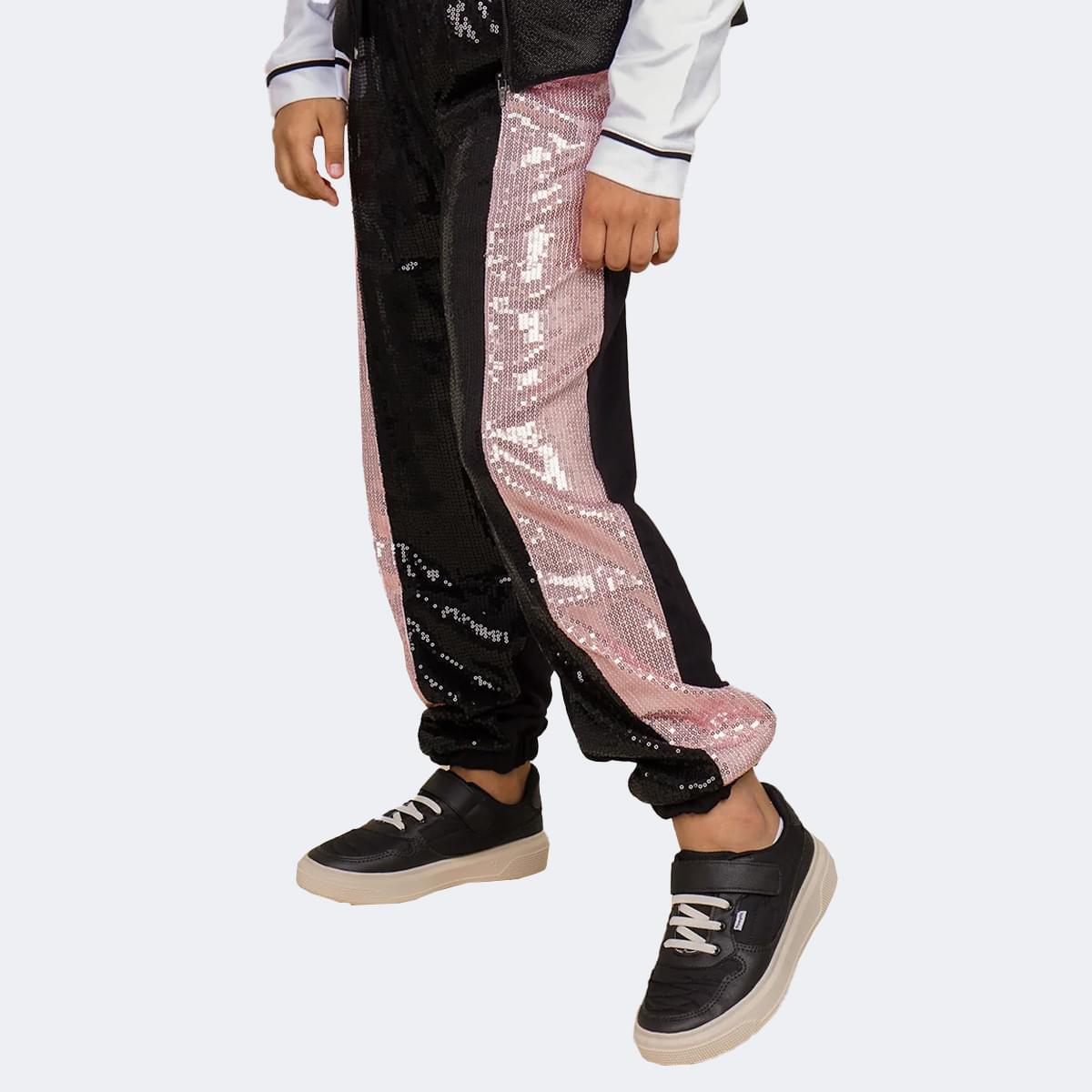 Calça Jogger Pampili Moletom Paetê Preta e Rosa