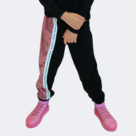 Calça Jogger Pampili Moletom Paetê Good Vibes Preta e Rosa