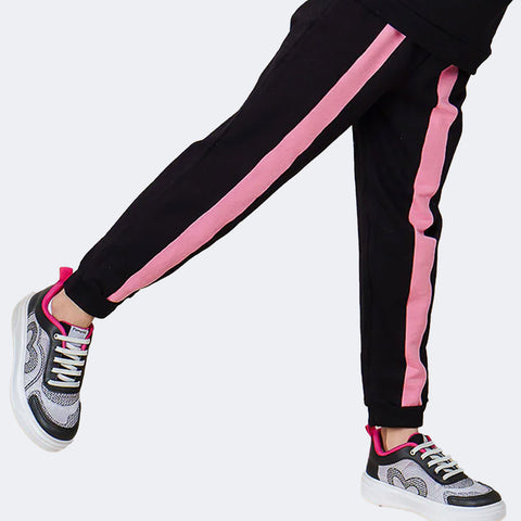 Calça Jogger Pampili Moletom Listra Preta e Rosa