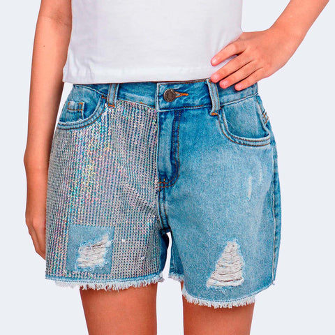 Short Jeans Infantil Pampili com Paetê Holográfico