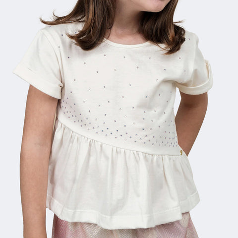 Camiseta Infantil Pampili com Babado Assimétrico Off White