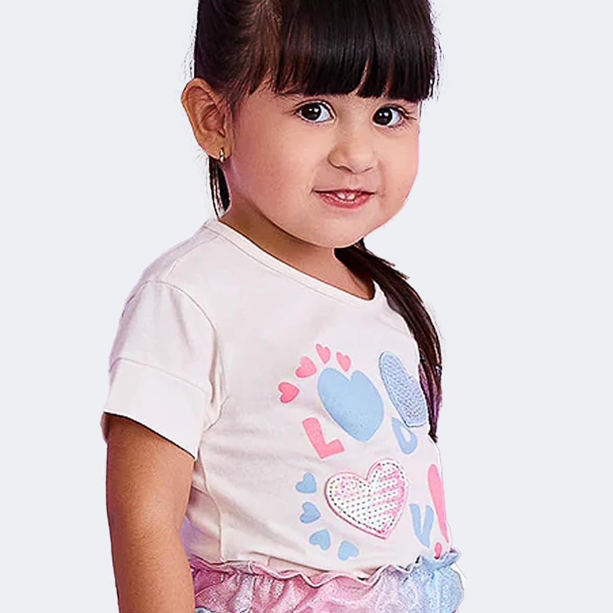 Camiseta Infantil Pampili Love com Corações Bordados Off White