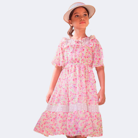 Vestido Infantil Bambollina Floral com Babado e Renda Colorido