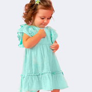Vestido de Bebê Infanti Renda e Babado Turquesa