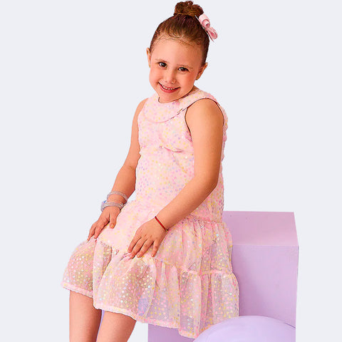 Vestido Infantil Feminino Paetê Flores Rosa