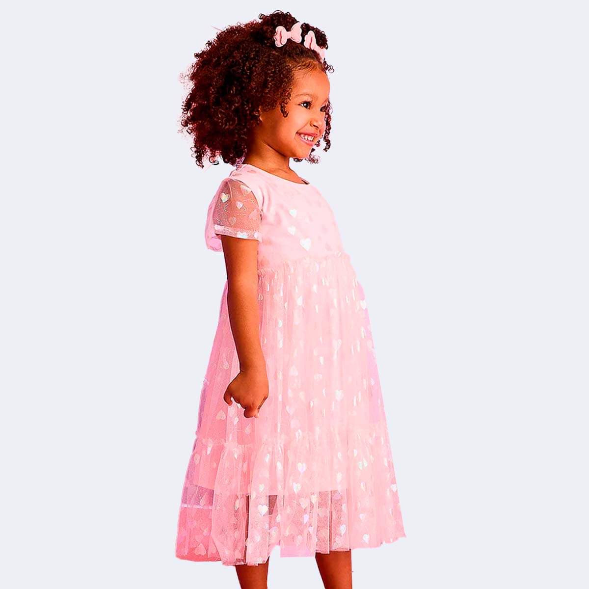 Vestido de Tule Infantil Pampili Corações Cintilantes Rosa Claro