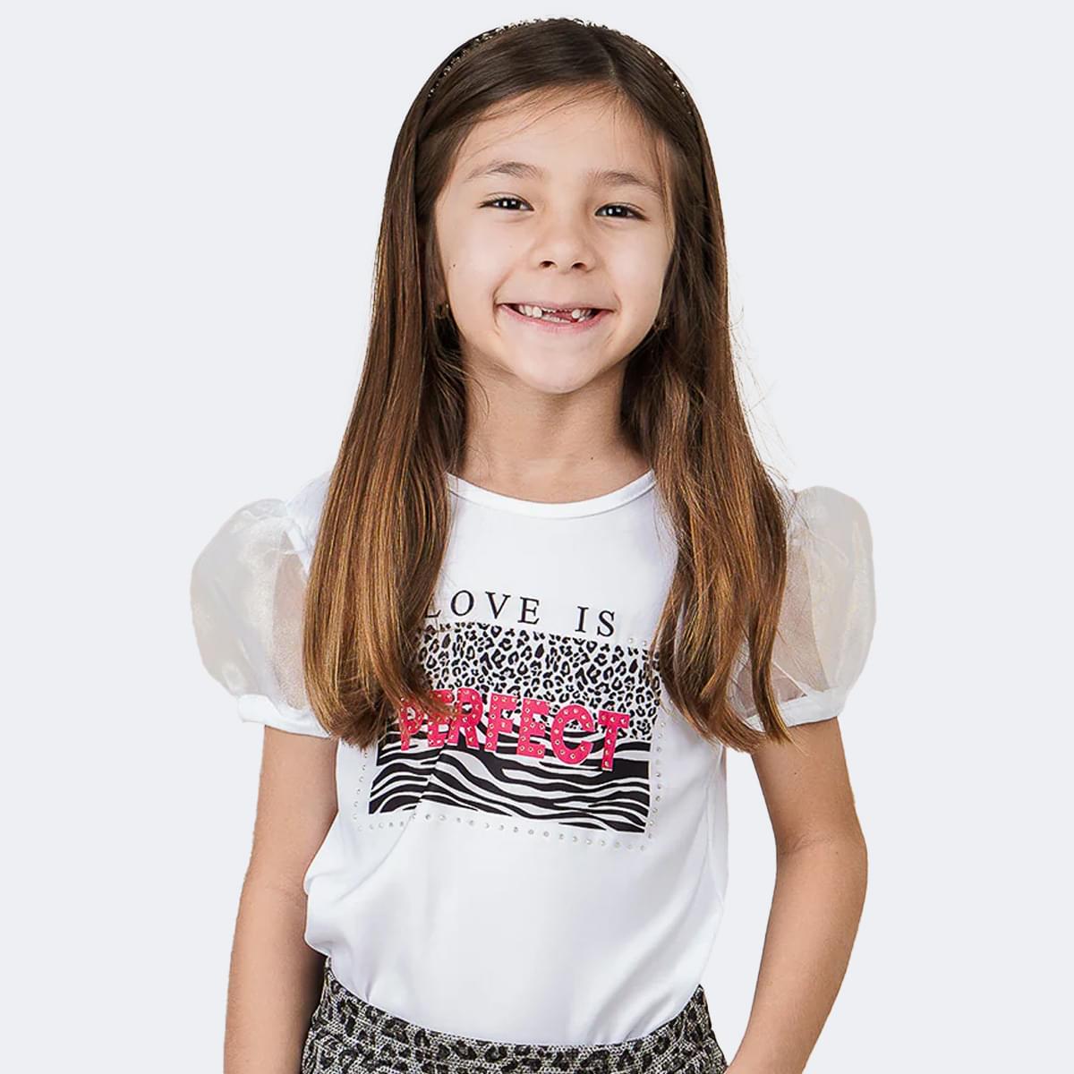 Camiseta T-Shirt Pampili Infantil Feminina Onça Perfect Branca