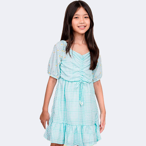 Vestido Infantil Kukiê Xadrez e Margaridas Verde
